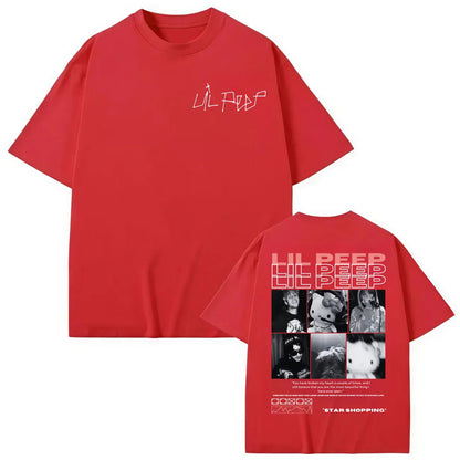 Red oversized cotton t-shirt featuring rapper lil peep branding and a hellboy crybaby hip collage design on the back