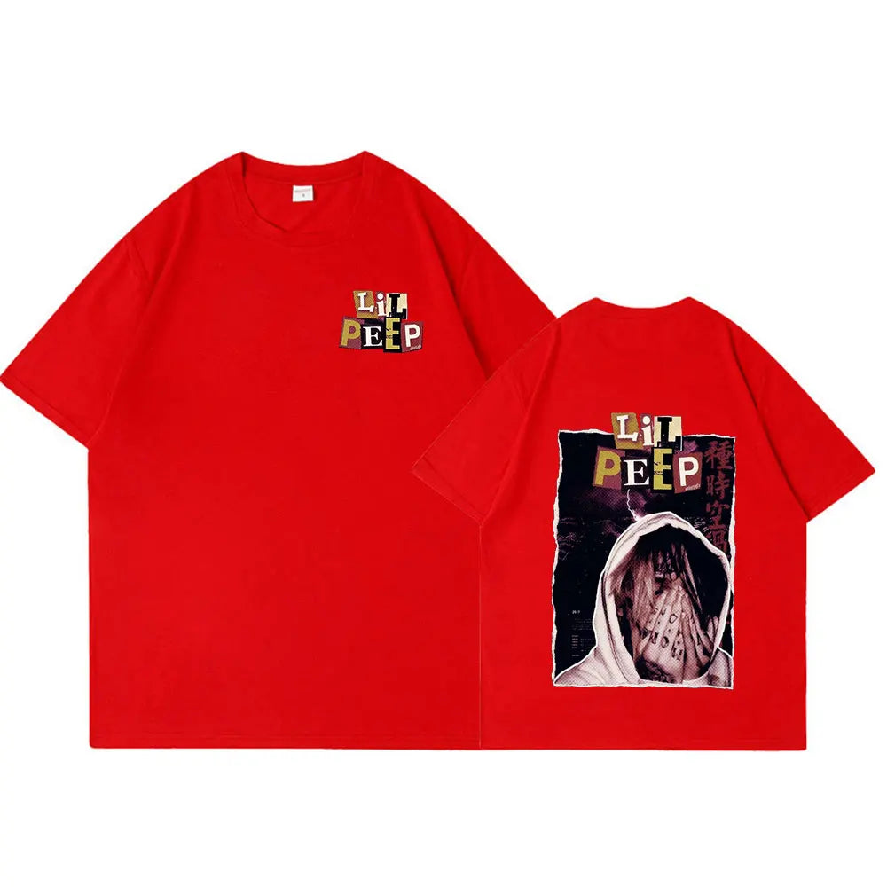 Red oversized cotton t-shirt featuring a rapper Lil Peep graphic print on the back from hellboy crybaby hip collection