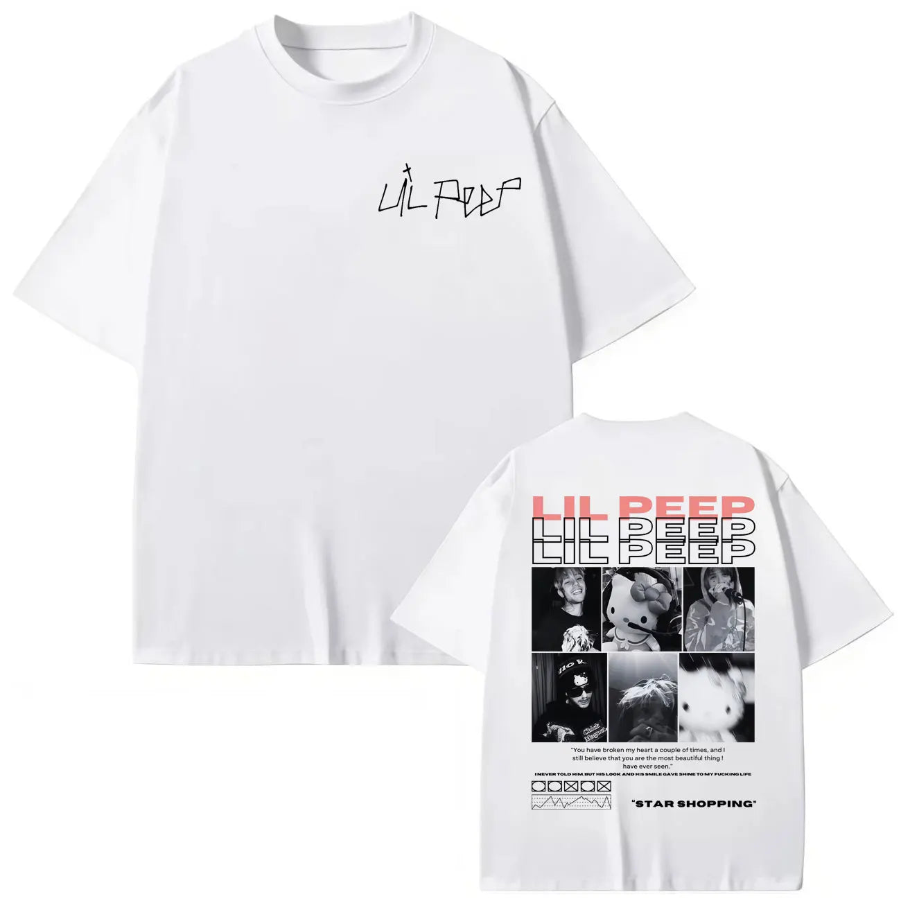 White oversized cotton shirt featuring rapper lil peep minimalist front and hellboy crybaby hip graphic back print
