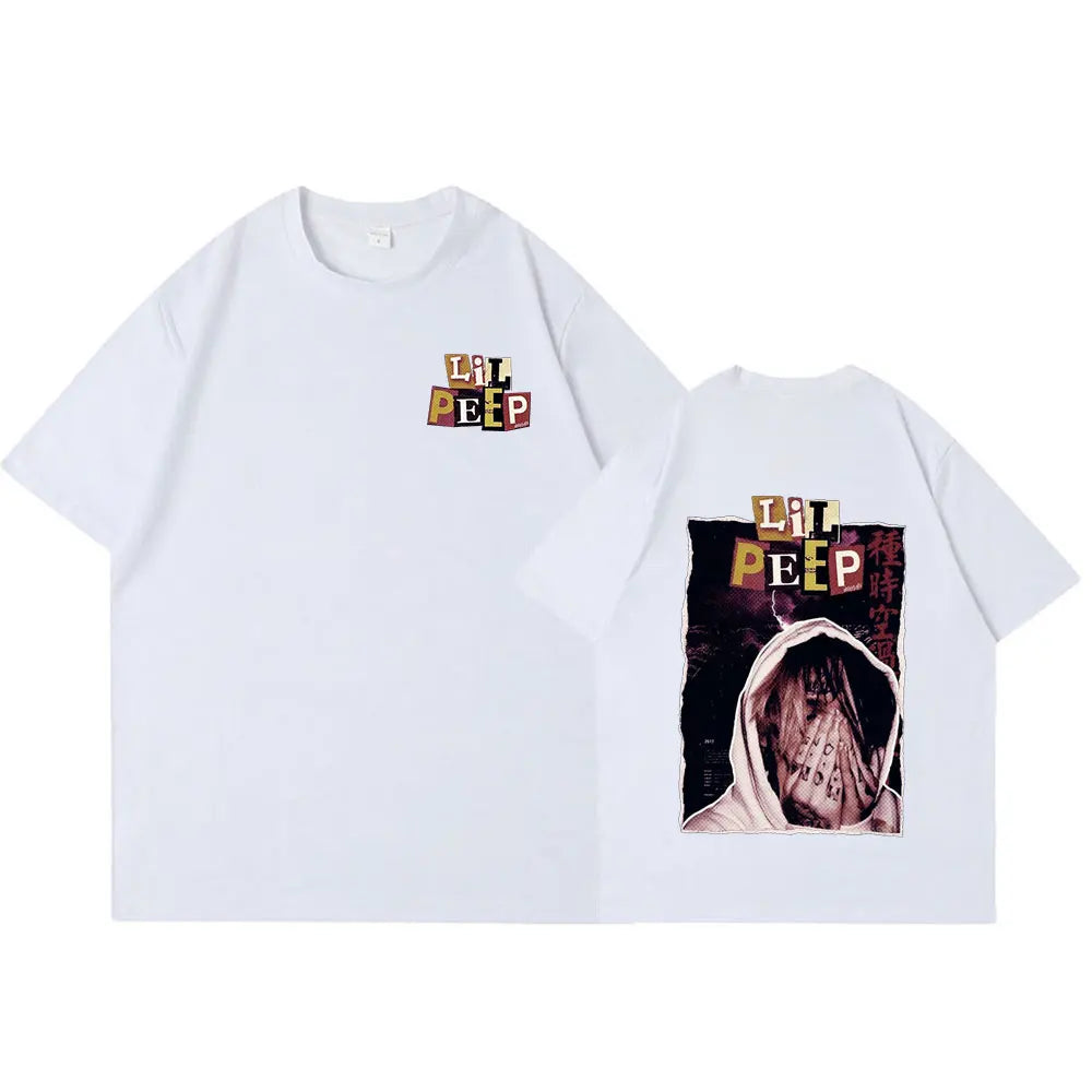 White oversized cotton shirt featuring rapper lil peep graphic print on back and his name on front in block letters