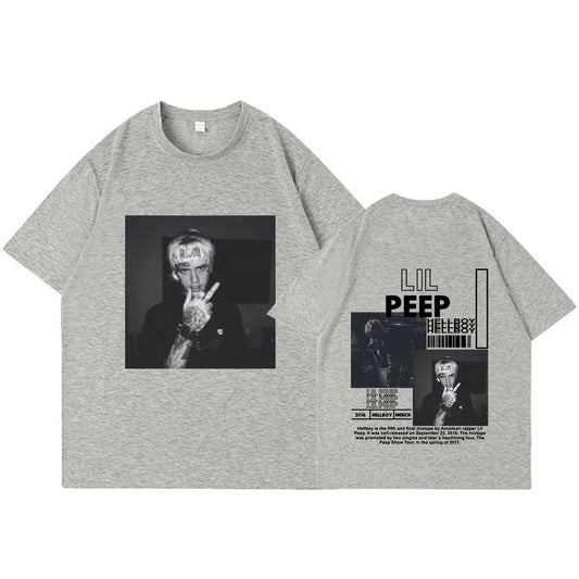 Gray heathered cotton rapper lil peep t-shirt with black and white graphic front and name with album art on back side
