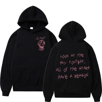 Black rapper lil peep tour concert hoodie with pink embroidered graphic and signature quote in hip hop fashion style