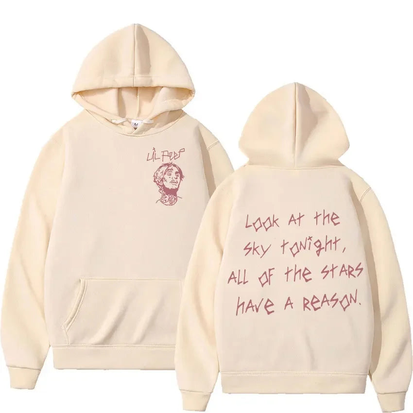 Back of cream-colored rapper lil peep tour concert hoodie with red sketch and hip hop fashion phrase print