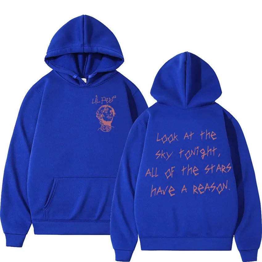 Royal blue rapper Lil Peep tour concert hoodie with stylized portrait and pink hip hop fashion script text pullover sweatshirt