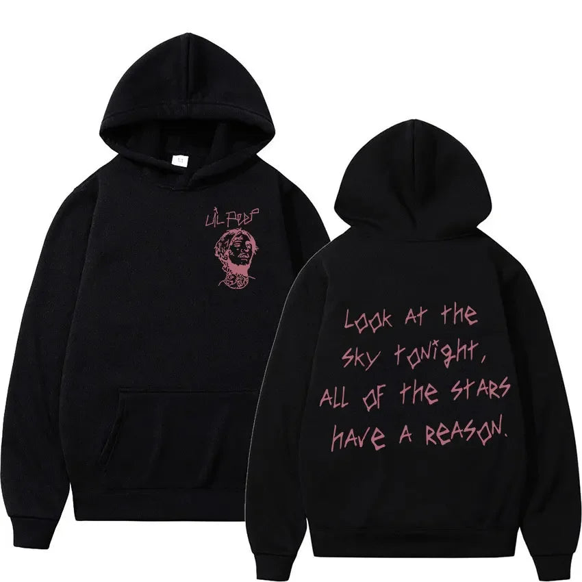 Black hoodie hip hop pullover featuring pink embroidered rapper lil peep graphic front and lil peep tour quote back