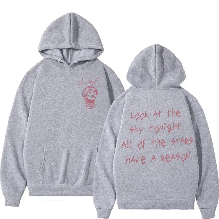 Gray hoodie hip hop pullover featuring pink lil peep graphic front and signature quote back for lil peep tour fans