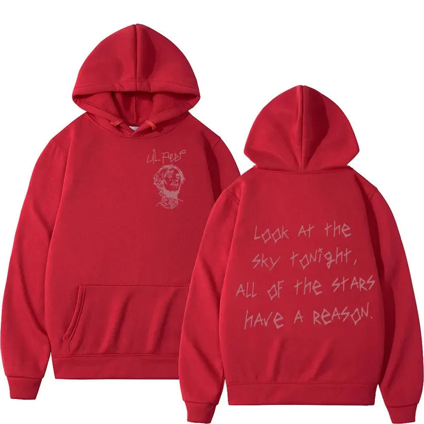 Red hooded rapper lil peep hoodie hip hop with white graphic and lil peep tour phrase on the back for casual wear