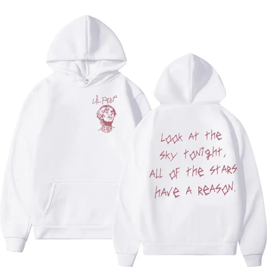 White hoodie featuring a pink rapper lil peep graphic and lil peep tour phrase perfect for hoodie hip hop fashion