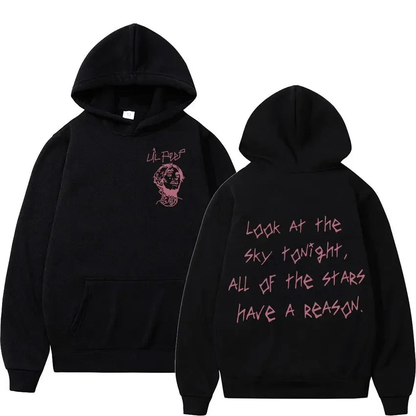 Black rapper lil peep concert hooded sweatshirt with pink embroidered design and long sleeved gothic streetwear style
