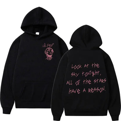 Black rapper lil peep concert hooded sweatshirt with pink embroidered design and long sleeved gothic streetwear style