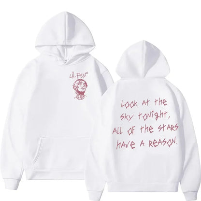 White rapper lil peep long sleeved gothic concert hooded sweatshirt with pink graphic and quote on front and back
