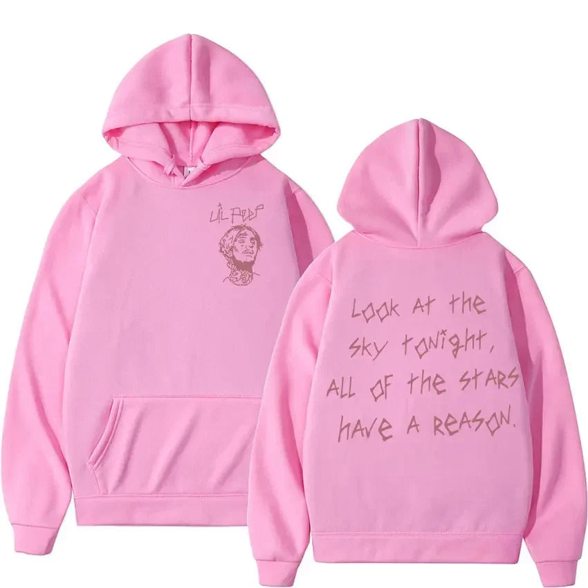 Pink rapper lil peep concert hooded sweatshirt featuring graphic and text long sleeved gothic streetwear hoodie