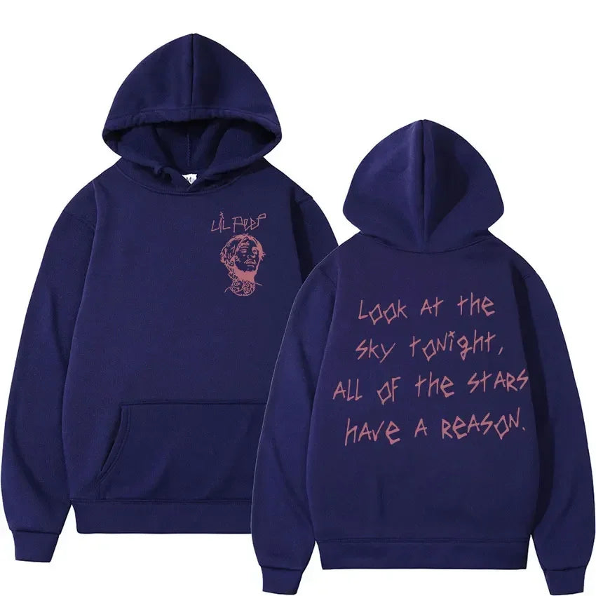 Back of navy blue long sleeved gothic rapper lil peep concert hooded sweatshirt with pink embroidered graphic and phrase