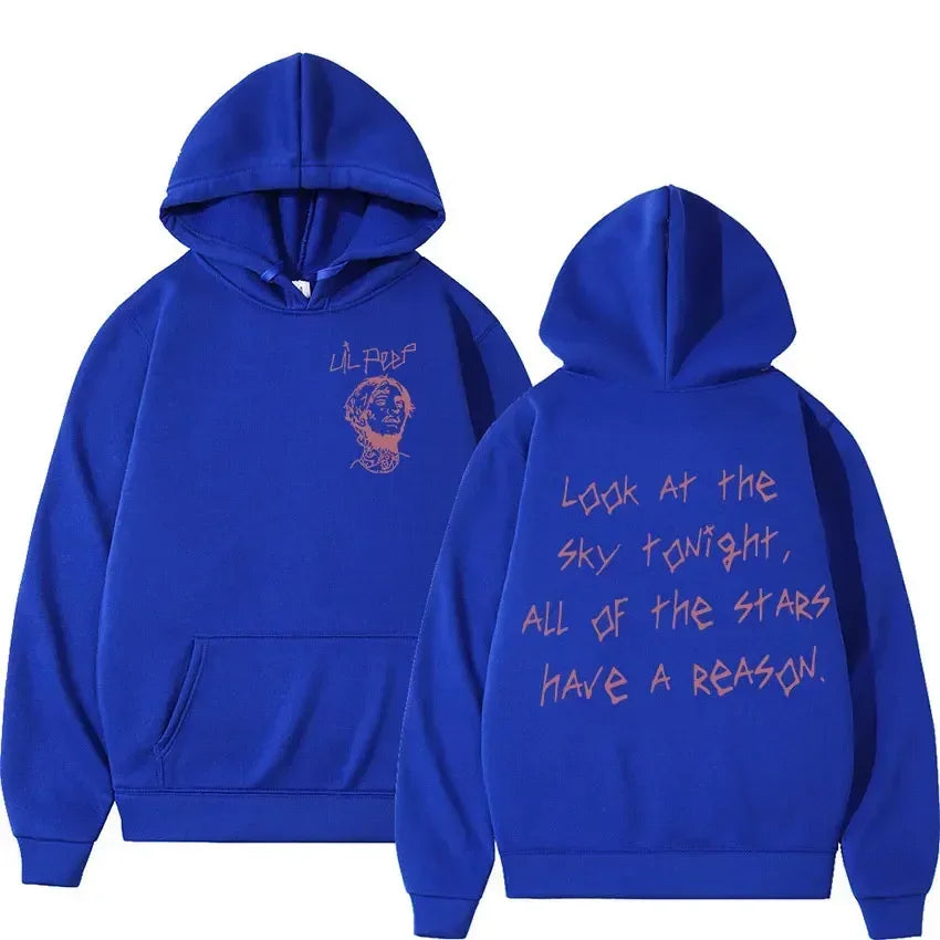 Royal blue rapper lil peep concert hooded sweatshirt with stylized portrait and pinkish-orange script, long sleeved gothic design