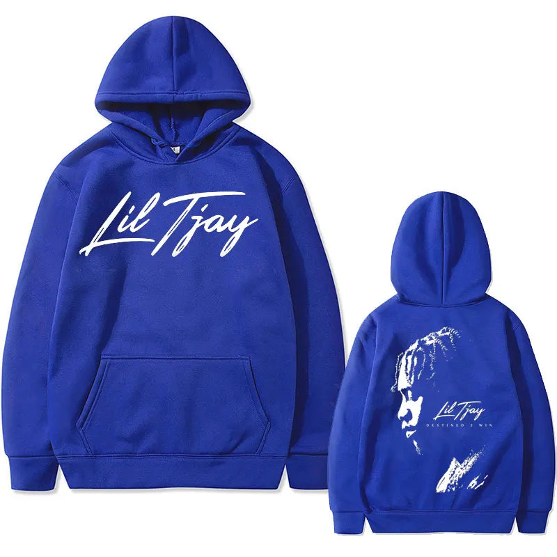 Royal blue rapper lil tjay win double sided cotton sweatshirt men featuring front logo and back stylized portrait
