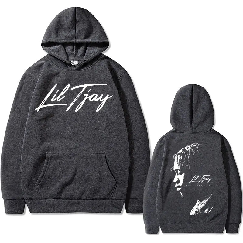 Dark gray rapper lil tjay win double sided cotton sweatshirt men hoodie with white cursive lettering and stylized portrait
