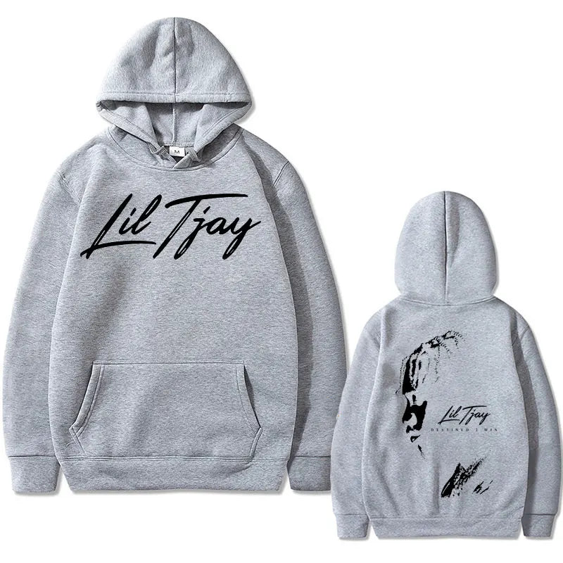 Gray cotton sweatshirt men featuring rapper lil tjay win double sided print with black cursive front and stylized back portrait