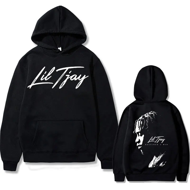 Black hoodie cotton sweatshirt men with win double sided print featuring rapper lil tjay front text and back portrait
