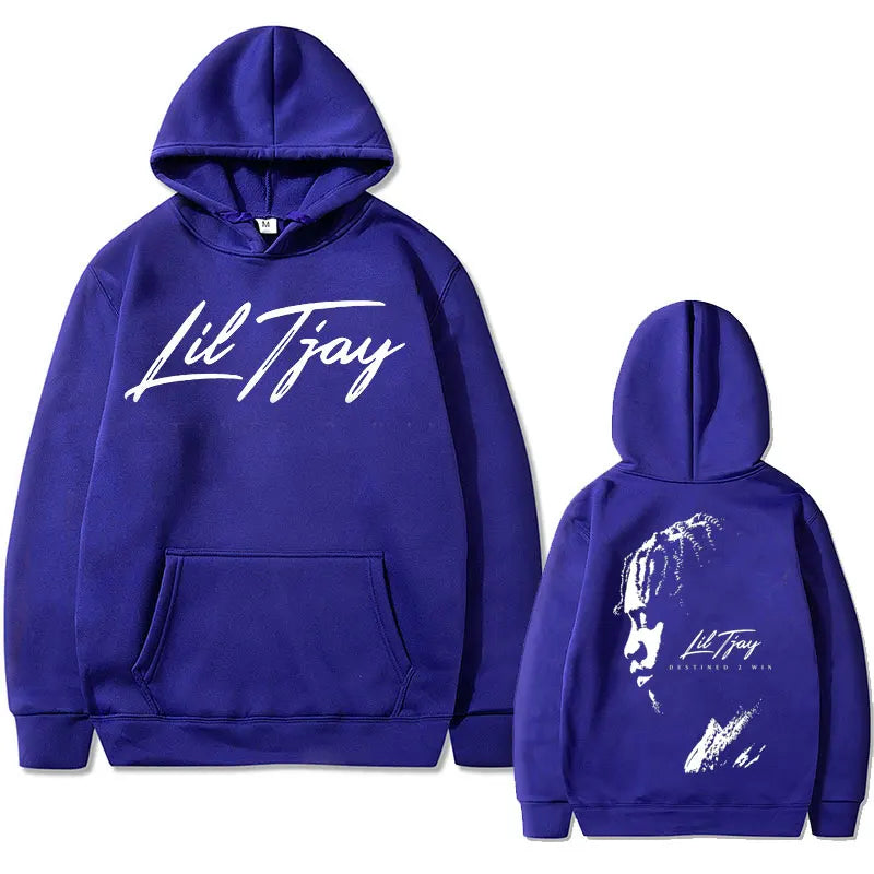 Purple cotton sweatshirt men featuring rapper lil tjay win double sided print and stylized portrait on the back