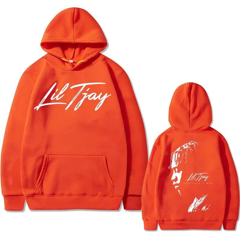 Bright orange rapper lil tjay win double sided cotton sweatshirt men featuring cursive front and portrait back print