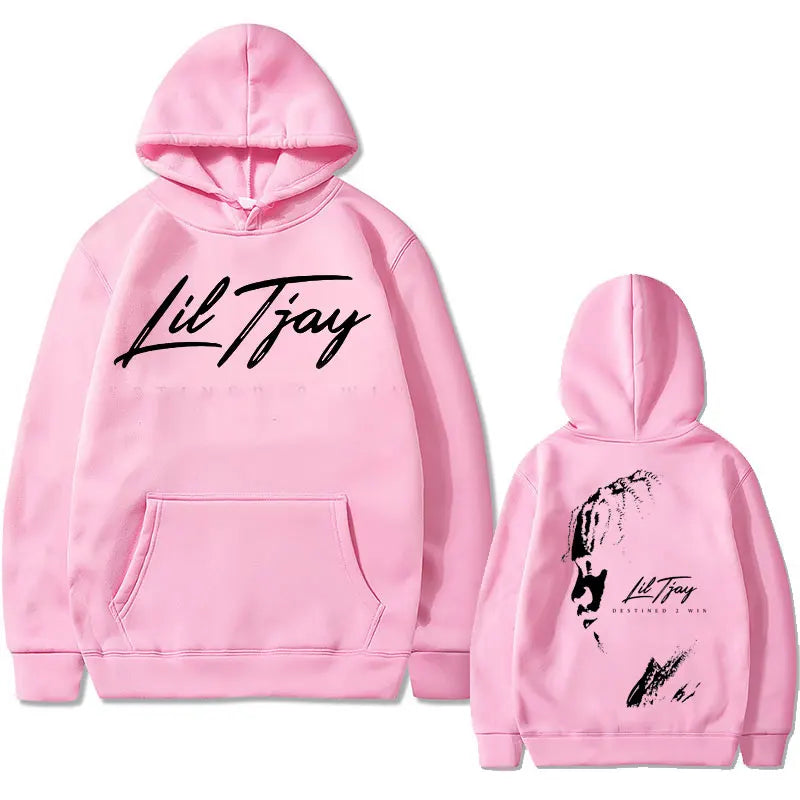 Back of pink rapper lil tjay cotton sweatshirt men featuring win double sided black graphic print and stylized portrait