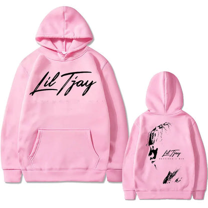 Back of pink rapper lil tjay cotton sweatshirt men featuring win double sided black graphic print and stylized portrait