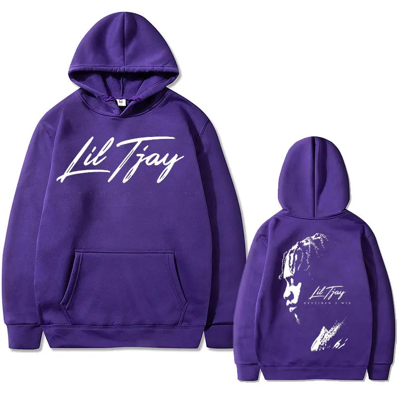 Purple rapper lil tjay win double sided cotton sweatshirt men hoodie with white cursive text front and portrait back view