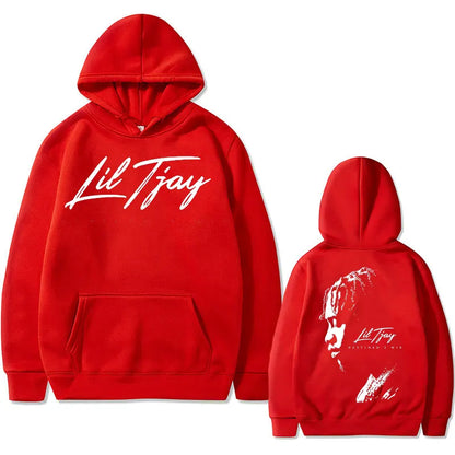 Red cotton sweatshirt men featuring rapper lil tjay win double sided print with white cursive text front and portrait back