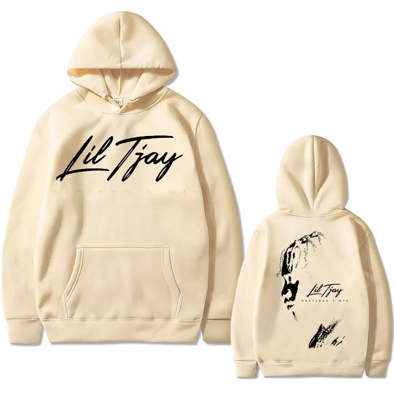 Cream-colored cotton sweatshirt men featuring rapper lil tjay win double sided black graphic print on the back