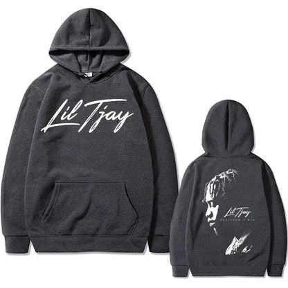 Dark gray cotton sweatshirt men with rapper lil tjay win double sided print and white cursive lettering for casual wear