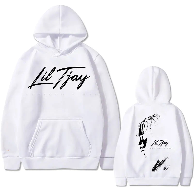 White cotton sweatshirt men featuring rapper lil tjay win double sided print hoodie with black cursive text front and back