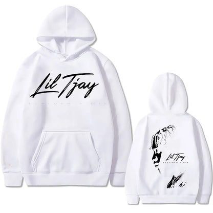 White cotton sweatshirt men featuring rapper lil tjay win double sided print hoodie with black cursive text and portrait graphic