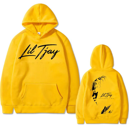 Bright yellow rapper lil tjay win double sided cotton sweatshirt men hoodie with black cursive lettering and graphic back design