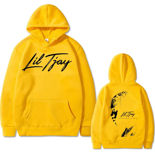 Bright yellow rapper lil tjay win double sided cotton sweatshirt men hoodie with black cursive lettering and graphic back design