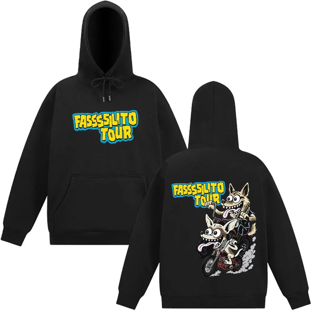 Black fasssilito pantera ta facil hoodie with cartoon wolf motorcycle graphic and bold yellow-blue lettering tracksuit loose casual