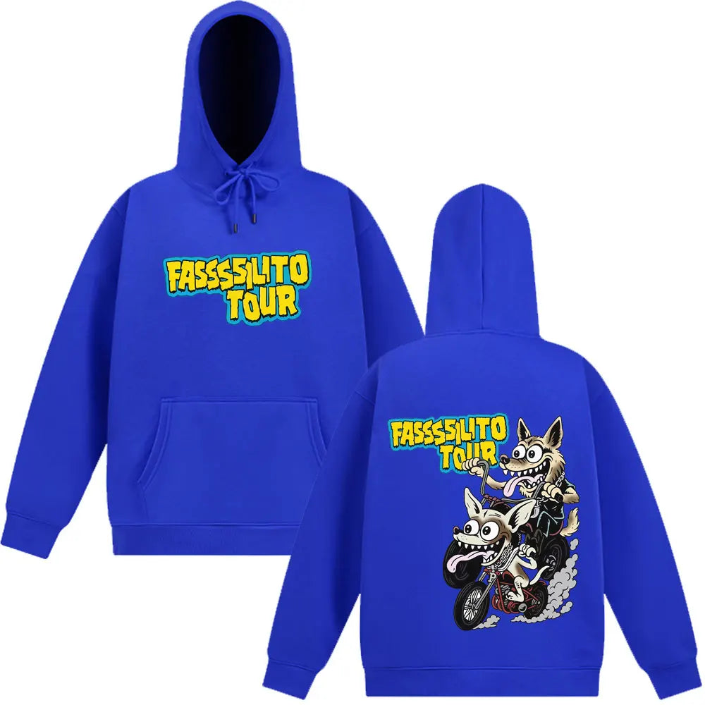 Royal blue fasssilito tour hoodie with cartoon wolf on motorcycle and yellow lettering for pantera ta facil fans