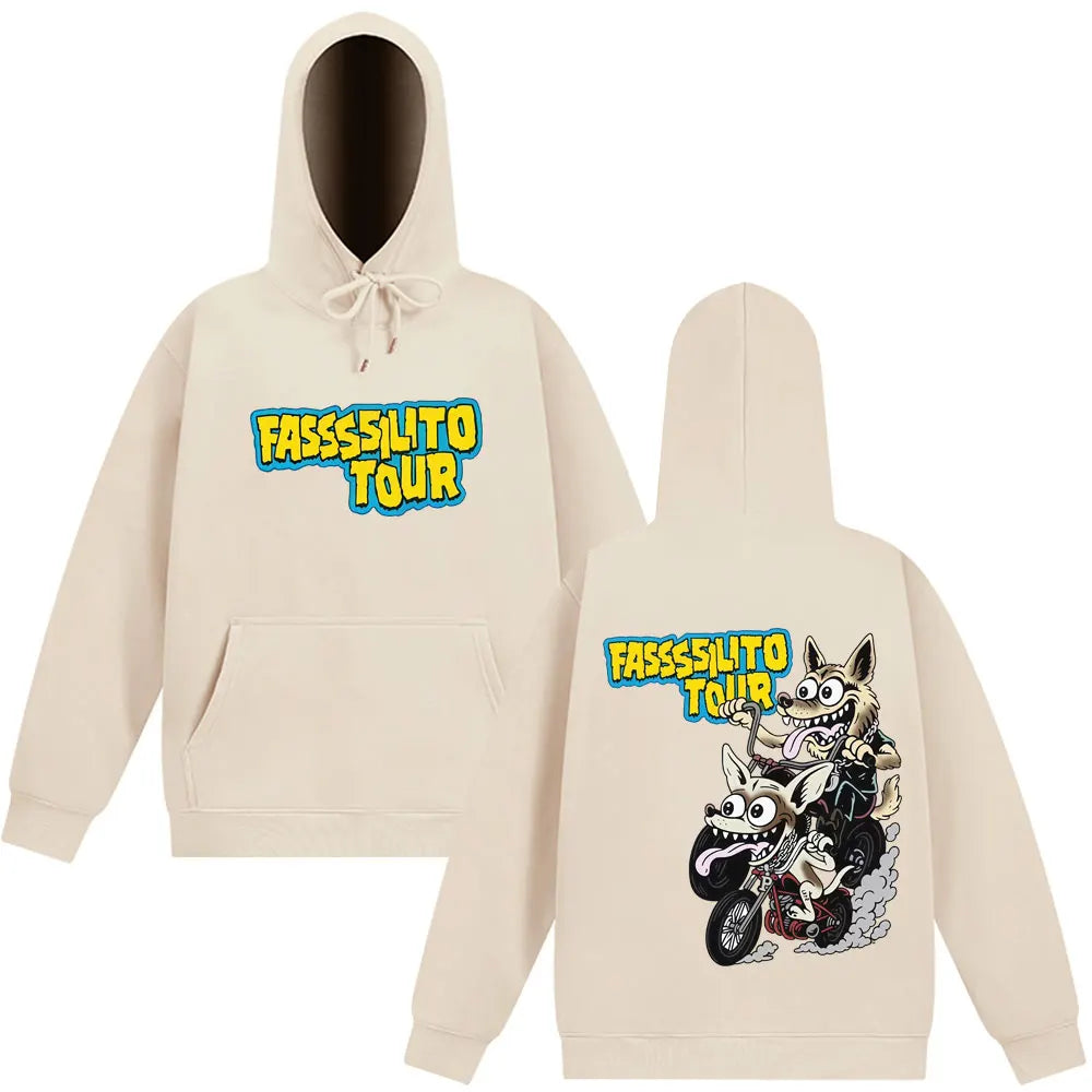 Cream-colored hoodie with cartoon wolf and motorcycle graphic and fasssilito tour text for rapper lucho pantera ta facil tracksuit loose casual wear