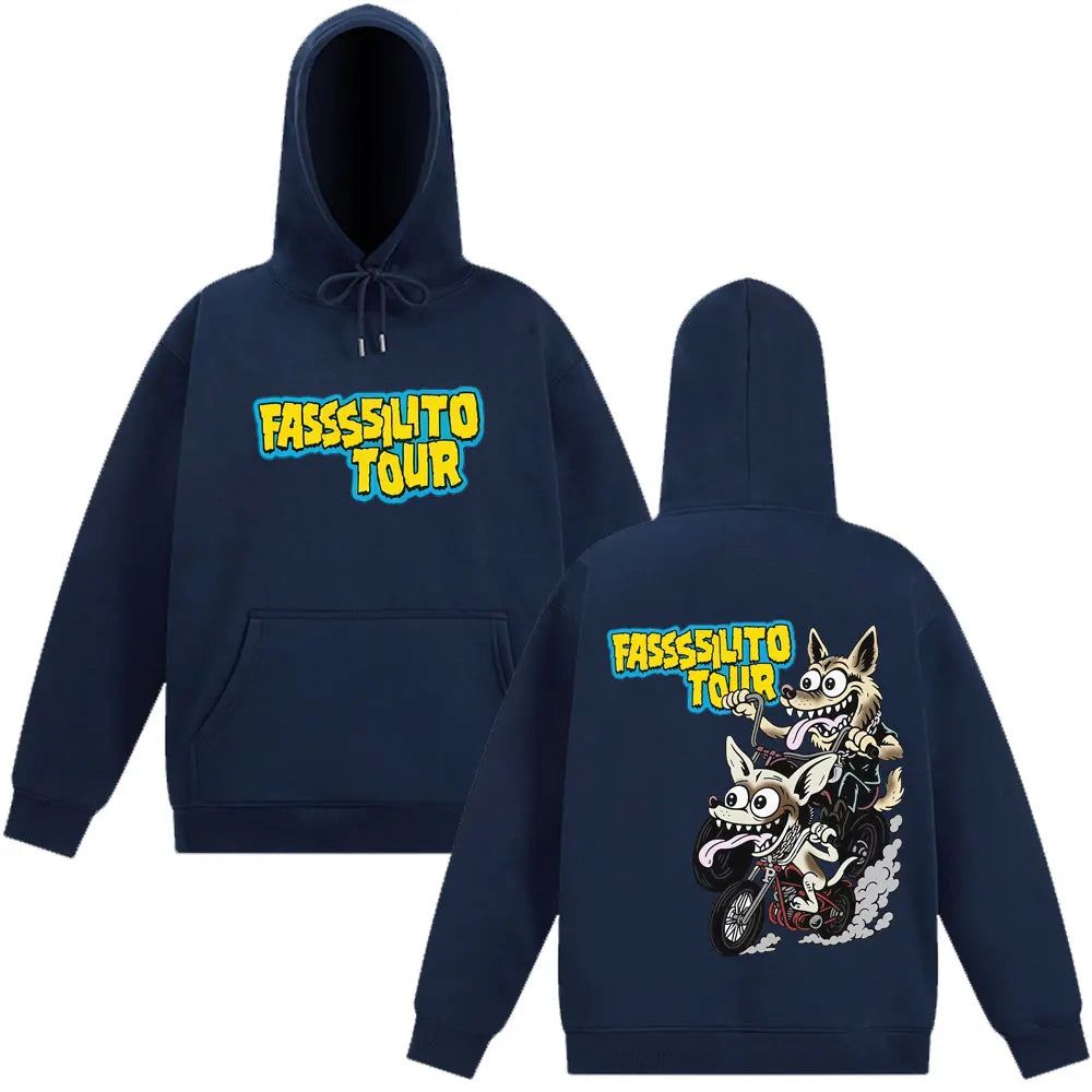 Navy blue pantera ta facil hoodie with bold yellow teal cartoon wolves print for rapper lucho tracksuit loose casual wear