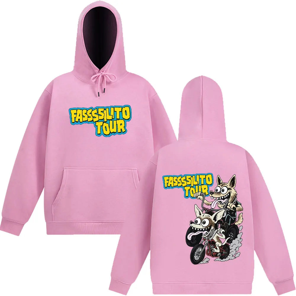 Pink fasssilito tour hoodie with cartoon wolf motorcycle graphic and bold yellow pantera ta facil text for rapper lucho fans