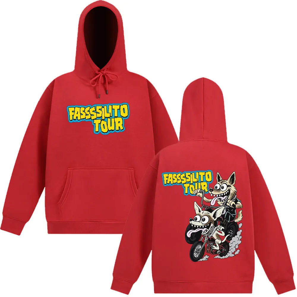 Red fasssilito tour hoodie showing the back with cartoon wolf on motorcycle and bold yellow pantera ta facil text for rapper lucho fans in tracksuit loose casual style