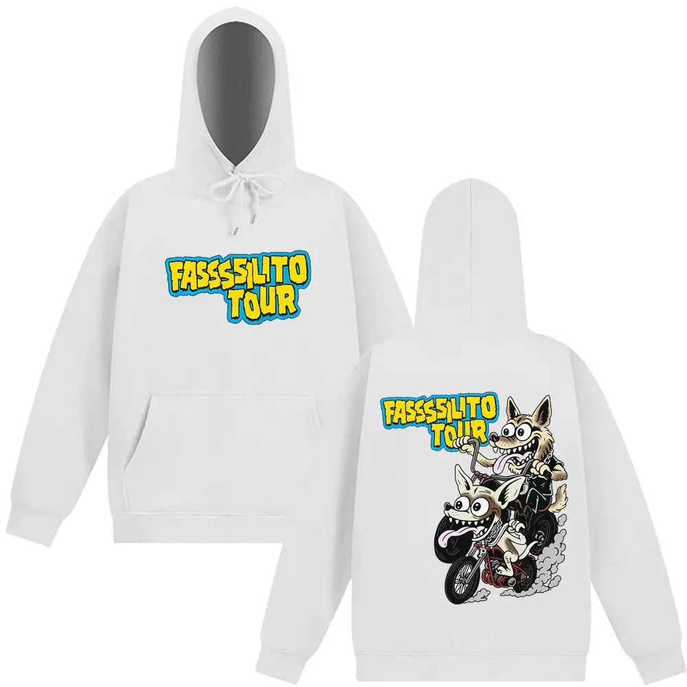 White hoodie with cartoon wolf and dog on motorcycle back print and pantera ta facil bold front lettering for rapper lucho fan
