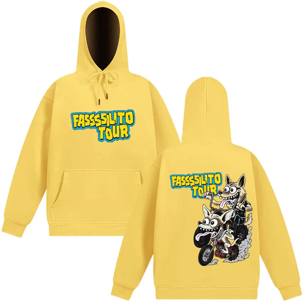 Bright yellow fasssilito tour hoodie with cartoon wolf motorcycle graphic and bold text for pantera ta facil tracksuit loose casual fan gift
