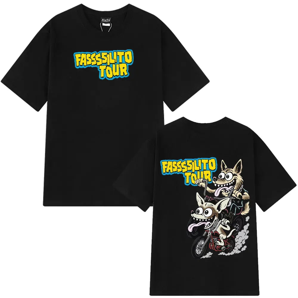 Black cotton short-sleeved fashion print t-shirt featuring rapper lucho pantera ta facil cartoon graphic for casual wear