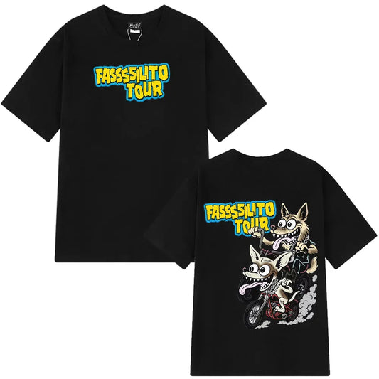 Black cotton short-sleeved fashion print t-shirt featuring rapper lucho pantera ta facil cartoon graphic for casual wear