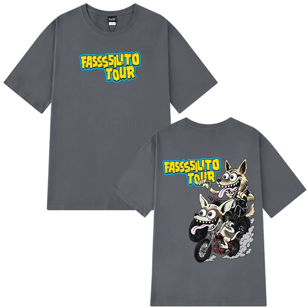 Back of gray short-sleeved cotton fashion print t-shirt featuring cartoon wolf dog on motorcycle pantera ta facil rapper lucho