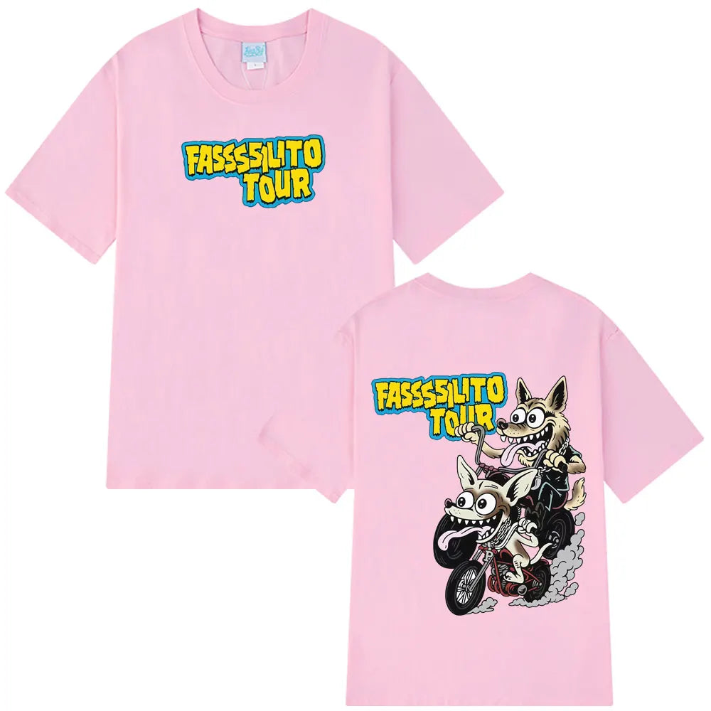 Pink short-sleeved cotton fashion print t-shirt featuring rapper lucho pantera ta facil cartoon dogs on motorcycle design