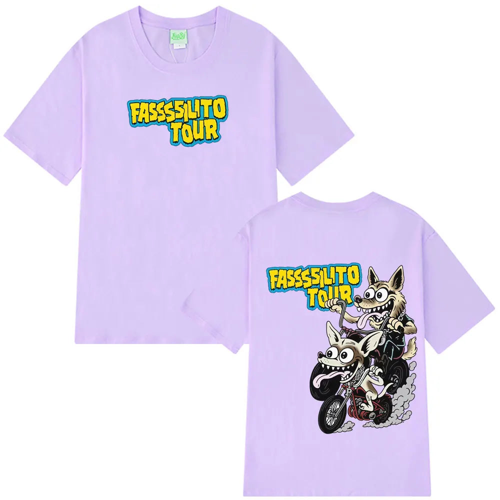 Light purple cotton fashion print t-shirt featuring rapper lucho pantera ta facil cartoon wolves on motorcycle design