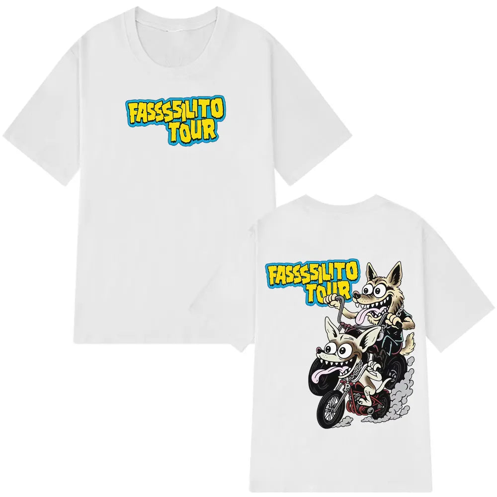 White cotton fashion print t-shirt featuring rapper lucho pantera ta facil cartoon graphic for casual hip-hop wear