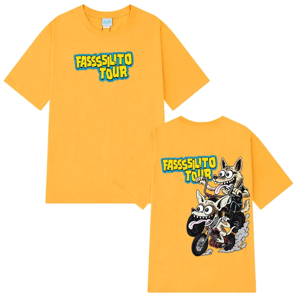 Yellow cotton short-sleeved fashion print t-shirt featuring rapper lucho pantera ta facil cartoon wolf and dog graphic