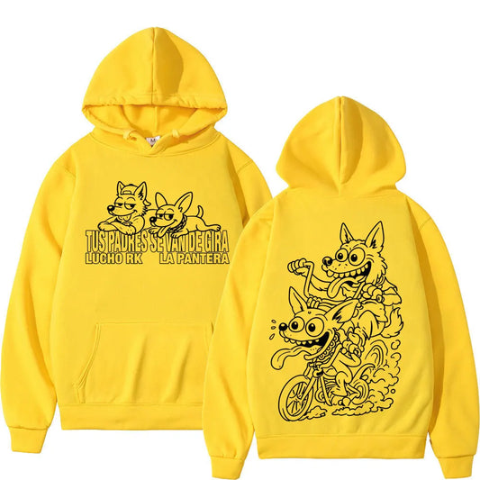 Bright yellow Rapper Lucho Rk La Pantera hoodie with black cartoon dog line art and text on front and back for casual hip-hop wear